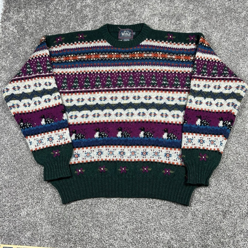 Vintage 80s 90s Woolrich Loon Duck Wool Sweater Men M Chunky Hunting Fair Isle